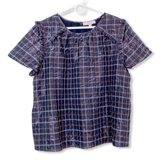 Loft plaid shimmer ruffle trim blouse size XL - Picture 1 of 16